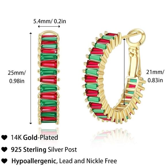14K Yellow Gold with Ruby and Emerald Cubic Zirconia Hoop Leverback Earrings - Picture 3 of 6